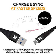 Promate 1.2-Meter NerveLink-C USB-C Cable, 3A Fast Charging USB A Male to USB Type-C - Black Promate