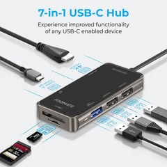 Promate, PrimeHub-Lite, 7-in-1 Ultra-Fast Compact Multi-Port USB-C Hub - Black Promate