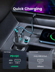 UGreen Triple Port 1* USB-C +2*USB-A, FM & Bluetooth Transmitter + USB MP3, TF Slot Reader Fast Car Charger | 80910 Ugreen