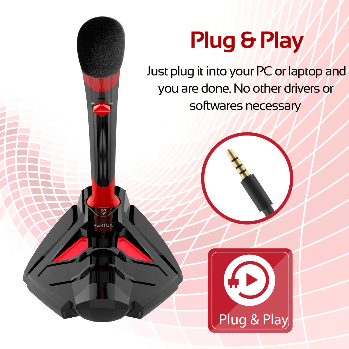 Vertux Streamer-4 Universal Digital Stereo 3.5mm Desktop Gaming Microphone - Red