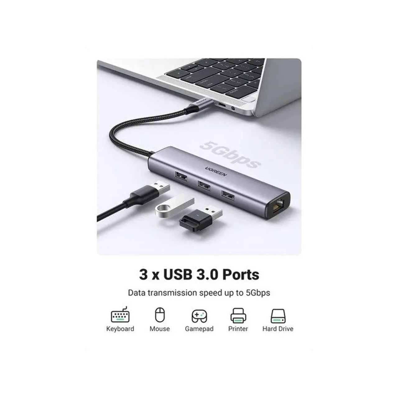 UGREEN USB-C TO 3x USB 3.0 HUB+ Ethernet Adapter RJ45 (1000M) Ethernet Adapter | 60600 Ugreen