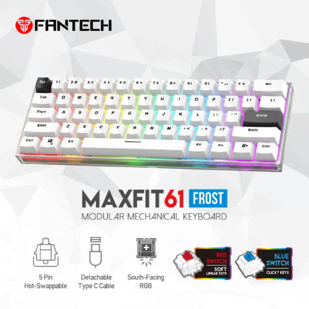 Fantech MK857 MAXFIT61 RGB Bluetooth, Wireless And Wired Mechanical Gaming Keyboard, White | MK857