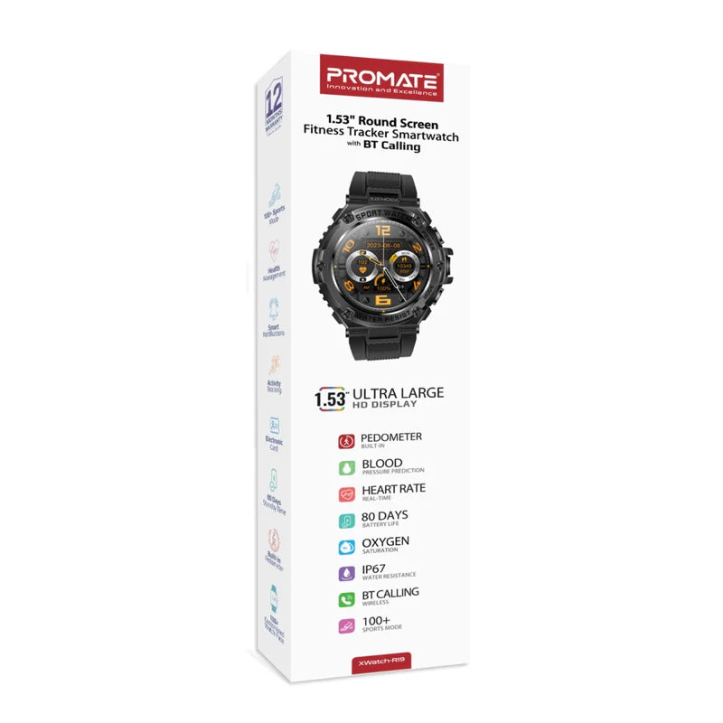 Promate XWatch-R19 1.53" Round Screen Fitness Tracker Smartwatch with BT Calling