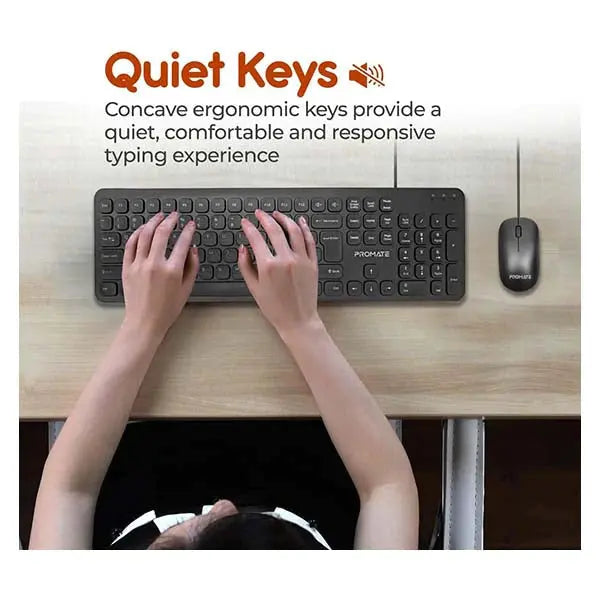 Promate, Combo-KM2, Quiet Key Wired Compact Keyboard & Mouse, AR/EN - Black Promate