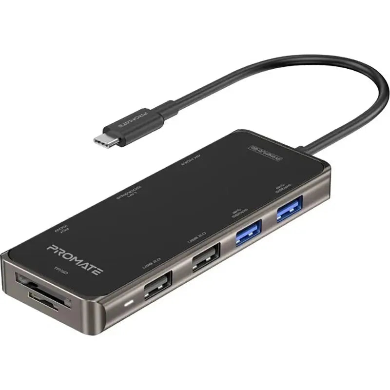 Promate, PrimeHub-Go 9 In 1 Compact Multiport USB-C Hub with 100W Power Delivery - Black Promate