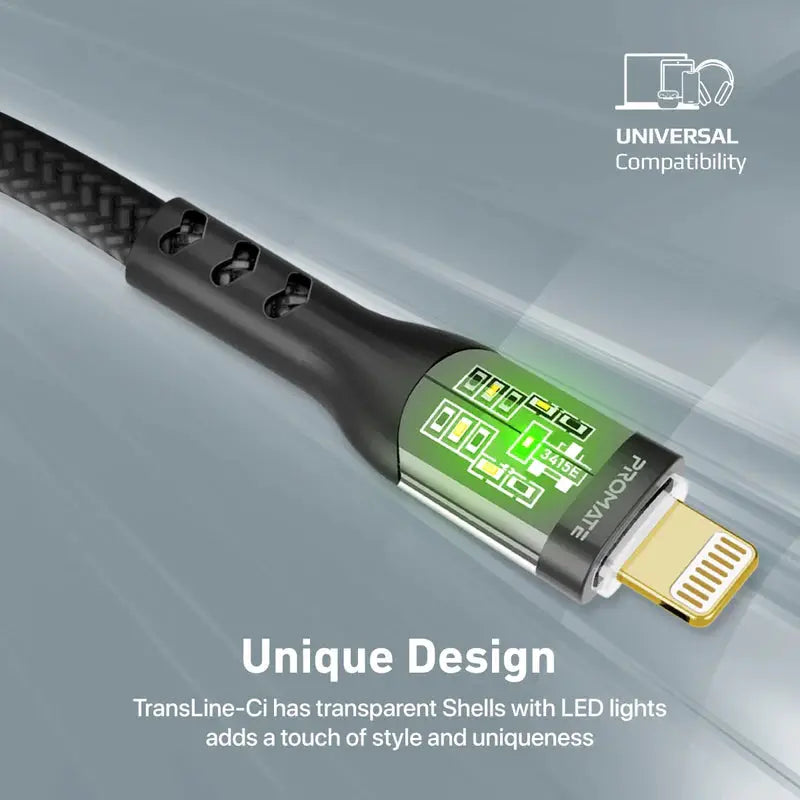 Promate, TransLine-Ci, 27W Power Delivery USB-C to Lightning Cable with Transparent Shells - Black Promate