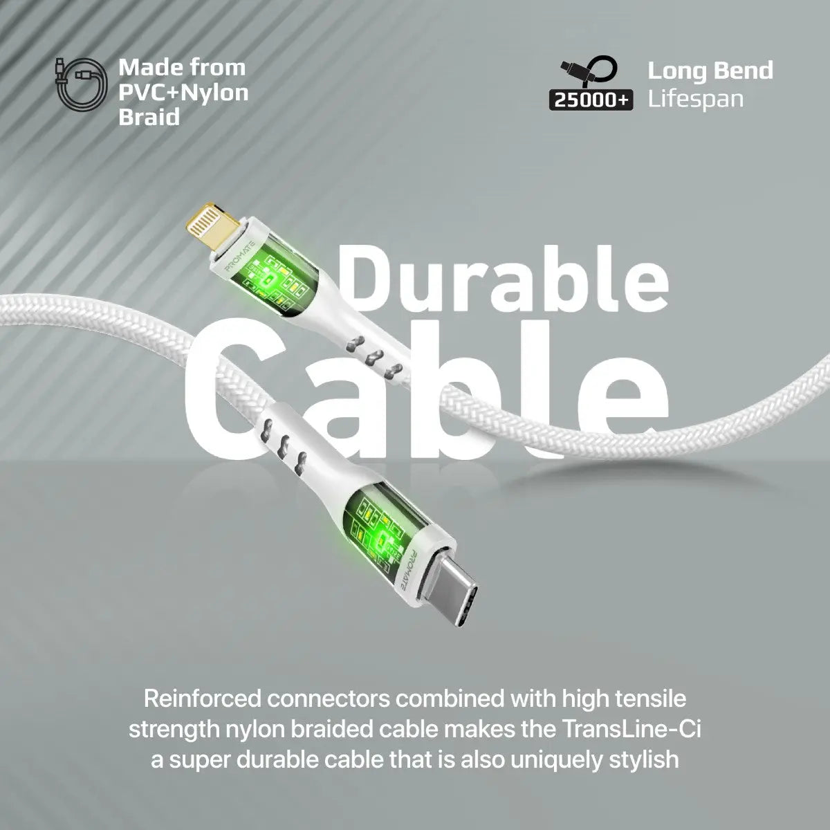 Promate, TransLine-Ci, 27W Power Delivery USB-C to Lightning Cable with Transparent Shells - White Promate