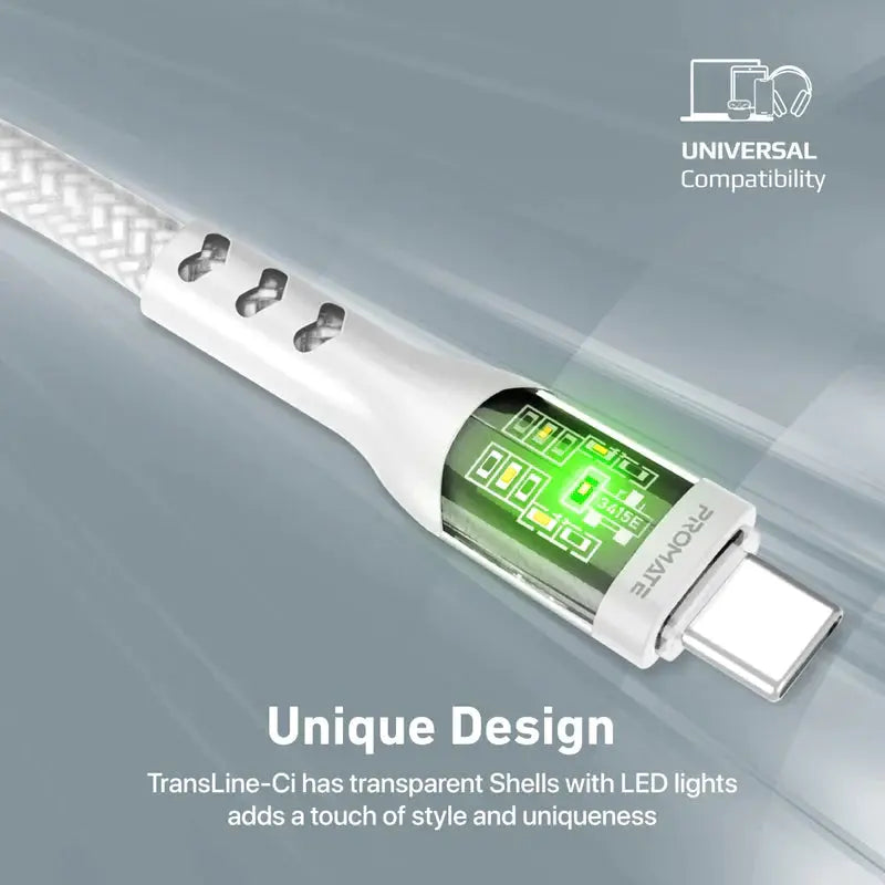 Promate, TransLine-Ci, 27W Power Delivery USB-C to Lightning Cable with Transparent Shells - White Promate