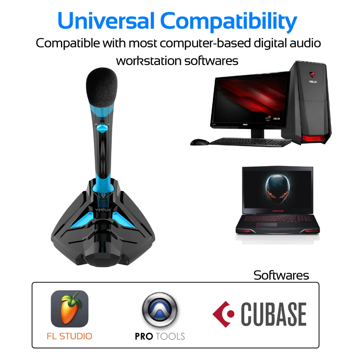 Vertux Streamer-4 Universal Digital Stereo 3.5mm Desktop Gaming Microphone - Blue