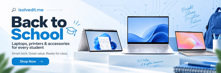 Promotional banner for isovledit.me featuring laptops, a tablet, and a backpack on a white display stand with the text 'Back to School' and 'Laptops, printers & accessories for every student'. Lebanon